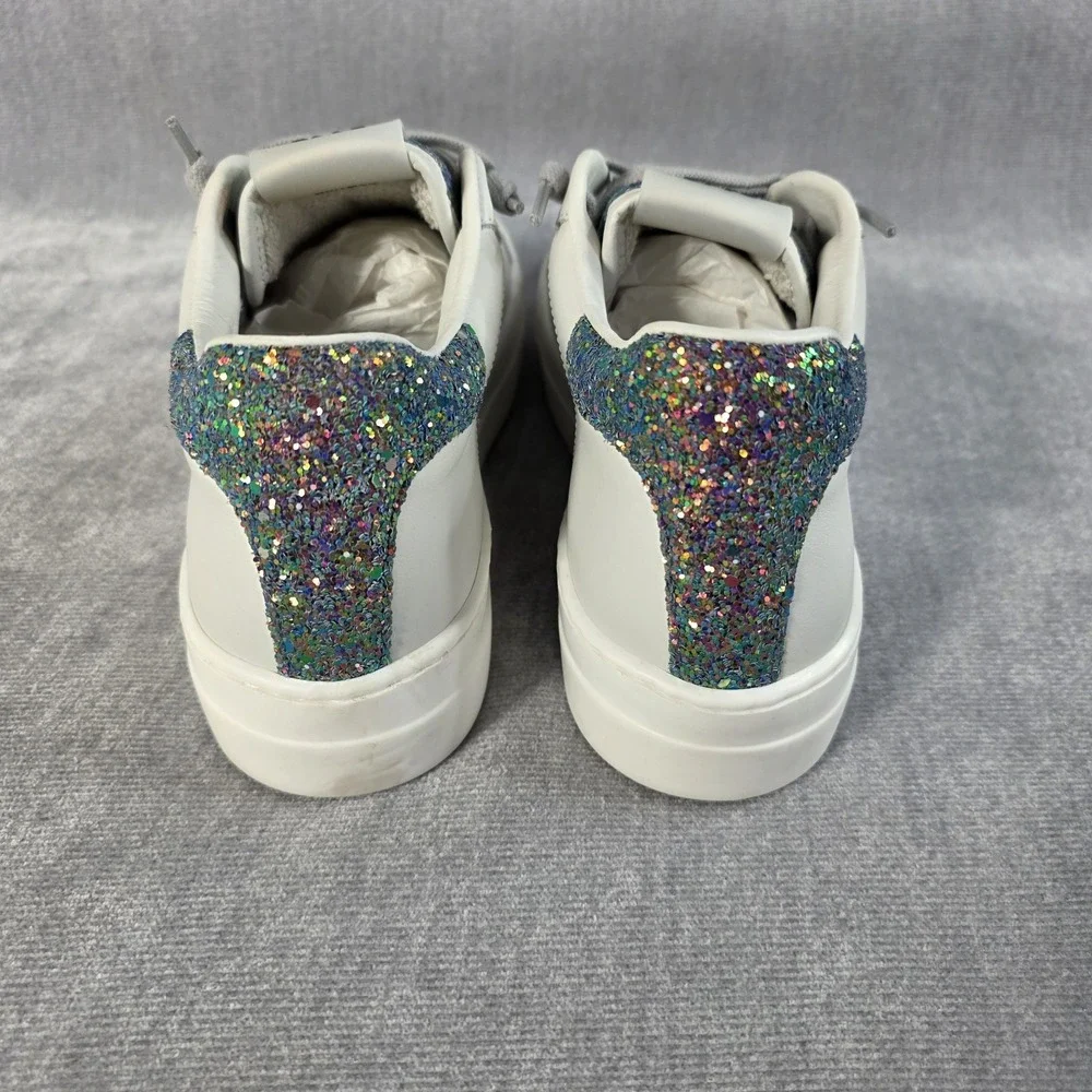 P448 Thea Sneakers Women's 38 White‎ Leather Purple Glitter Multi 7.5 NIB $298